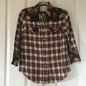 R13 exaggerated collar cowboy shirt plaid floral S